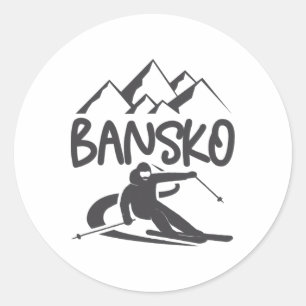 Adesivo Redondo Bansko Skiing Snowboard Bulgária Resort Distres
