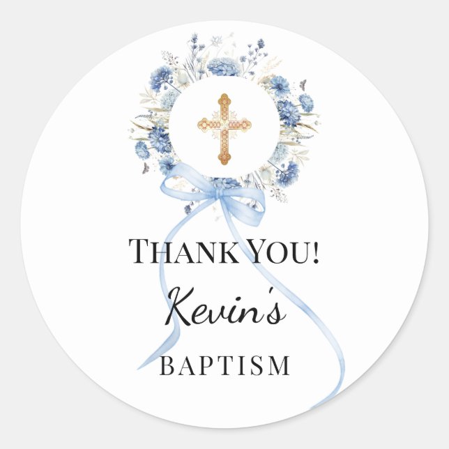 Adesivo Redondo Baptism blue boy florals wreath cross thank you (Frente)