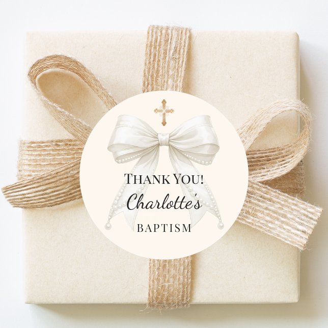 Adesivo Redondo Baptism bow ivory white pearls cross thank you (Criador carregado)