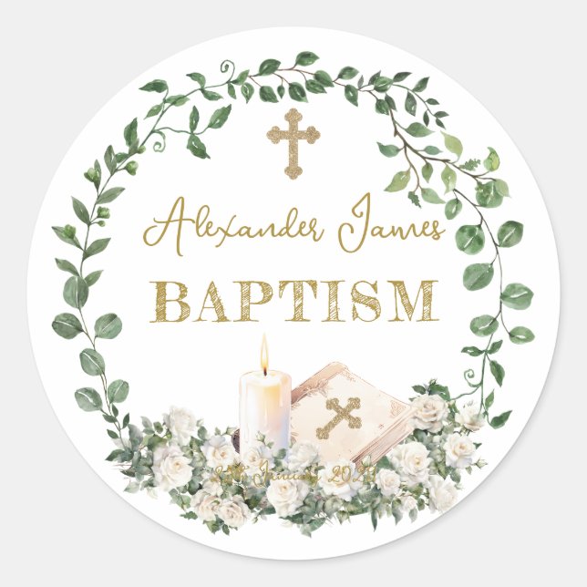 Adesivo Redondo Baptism Eucalyptus Roses Cross  (Frente)