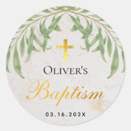 Adesivo Redondo Baptism Foliage Faux Gold Foil Script Marble