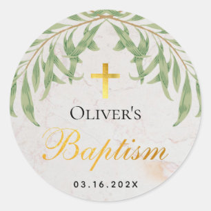 Adesivo Redondo Baptism Foliage Faux Gold Foil Script Marble