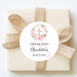 Adesivo Redondo Baptism pink girl florals wreath cross thank you