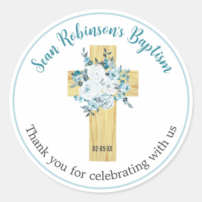 Adesivo Redondo Baptism Stickers Boy Blue Floral Cross (Frente)