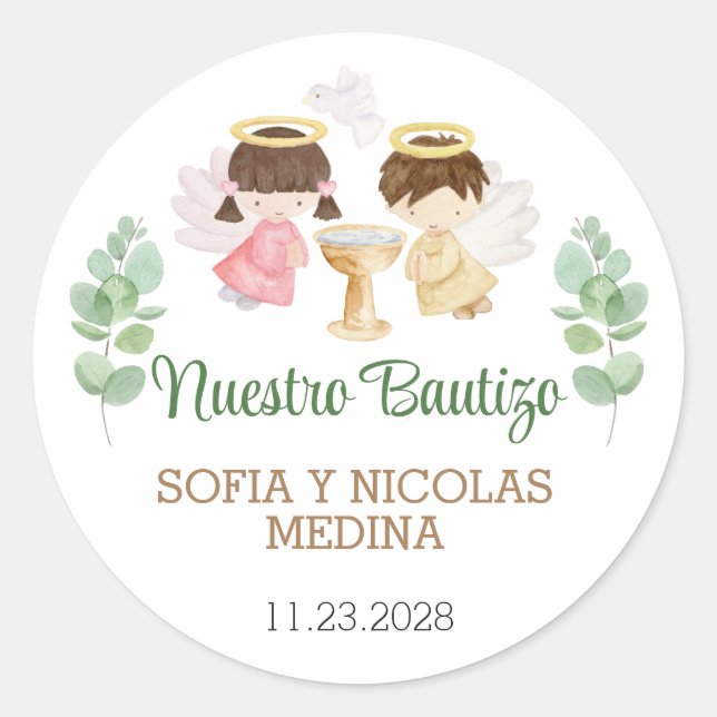 Adesivo Redondo Baptism Stickers Girl Boy Bautizo Espanhol (Frente)