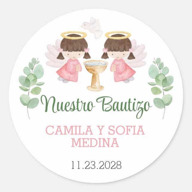 Adesivo Redondo Baptism Stickers Two Girls Bautizo Espanhol (Frente)