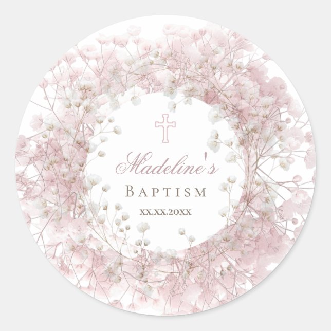 Adesivo Redondo Baptismo com gipsófila rosa (Frente)