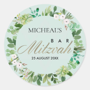 ADESIVO REDONDO BAR AQUA BLUE FOLIAGE WREATH STAR BAT MITZVAH