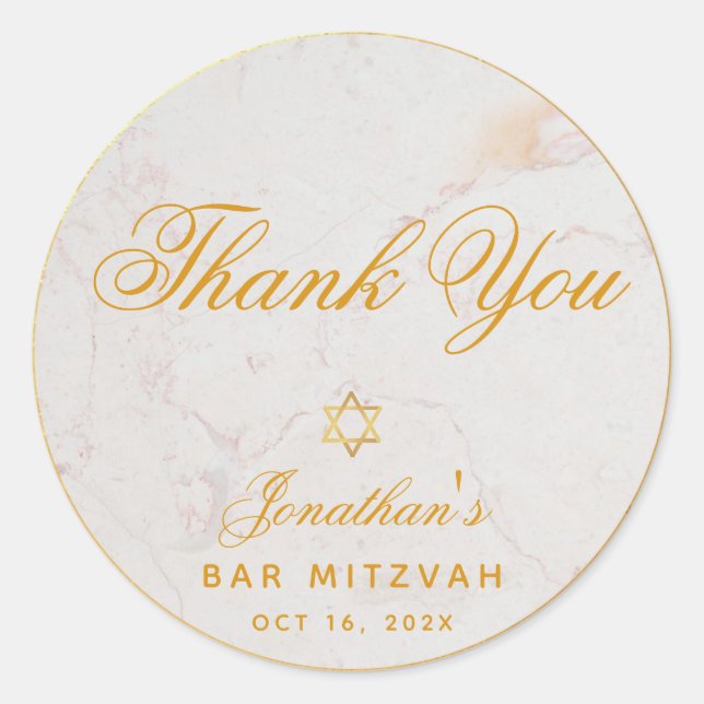 Adesivo Redondo Bar Mitzvah Elegante Obrigado Dourado Marble (Frente)