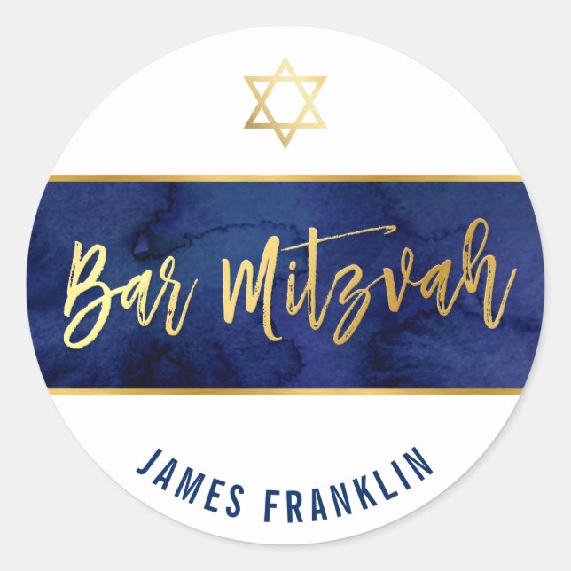 Adesivo Redondo BAR MITZVAH escrevendo de ouro azul-aquarela moder (Frente)