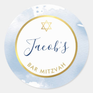 Adesivo Redondo BAR MITZVAH - estrela dourada - cor azul clara cla