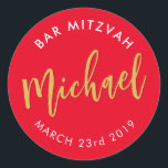 Adesivo Redondo BAR MITZVAH favorece a caligrafia do ouro vermelho<br><div class="desc">pelo selo do massard Sticker do Bar do seu filho / Bat Mitzvah - use como selos de envelope ou favores para vestir a recepção.</div>