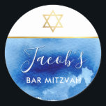 Adesivo Redondo BAR MITZVAH Gold Star smart blue watercolor convit<br><div class="desc">por kat massard >> WWW.SIMPLYSWEETPAPERIE.COM <<<</div>