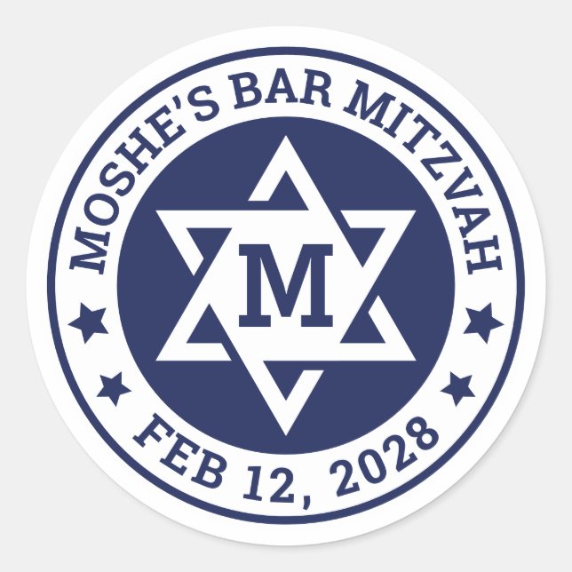 Adesivo Redondo Bar mitzvah Star de David azul qualquer monograma  (Frente)