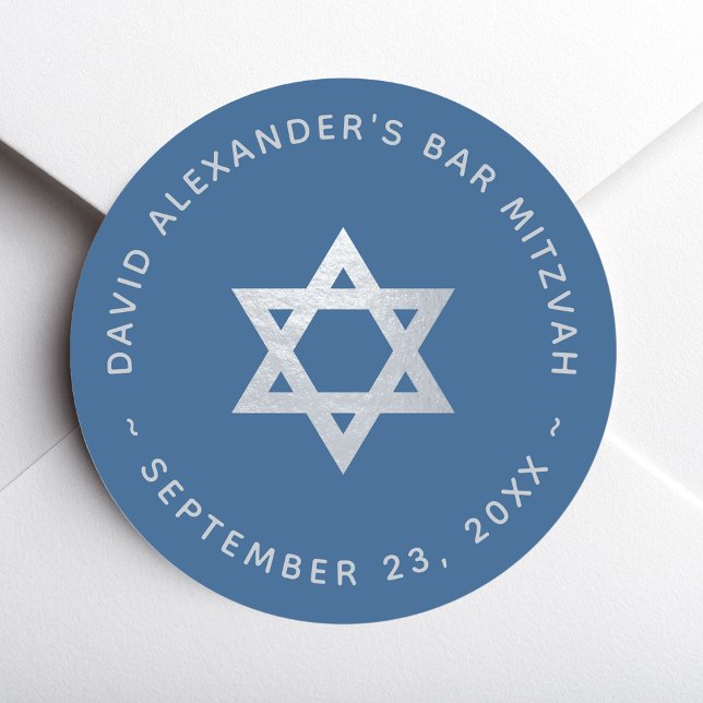Adesivo Redondo Bar Mitzvah Star of David Classic Blue Faux Silver (Criador carregado)