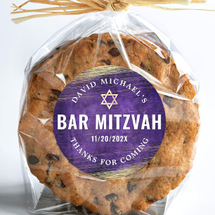 Adesivo Redondo Bar Roxo Mitzvah Watercolor Gold Foil Modern