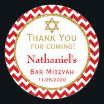 Adesivo Redondo Bar Vermelho Dourado Mitzvah Obrigado Por Vir Marc<br><div class="desc">Etiquetas mitzvah do bar Elegante com gíria vermelha e branca com sofisticada trama de sotaque dourada e Estrela de David. Esses adesivos de etiquetas favoritos, de bar moderno e na moda mitzvah serão um sucesso para a celebração do seu filho. Dizem "Obrigado por vir" com o nome e a data...</div>