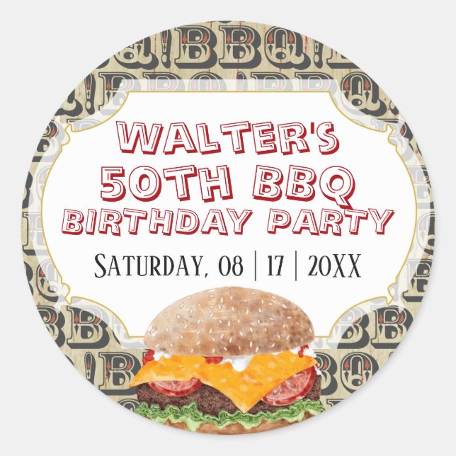 Adesivo Redondo Barbecue Cheeseburger Qualquer Idade Aniversário (Frente)