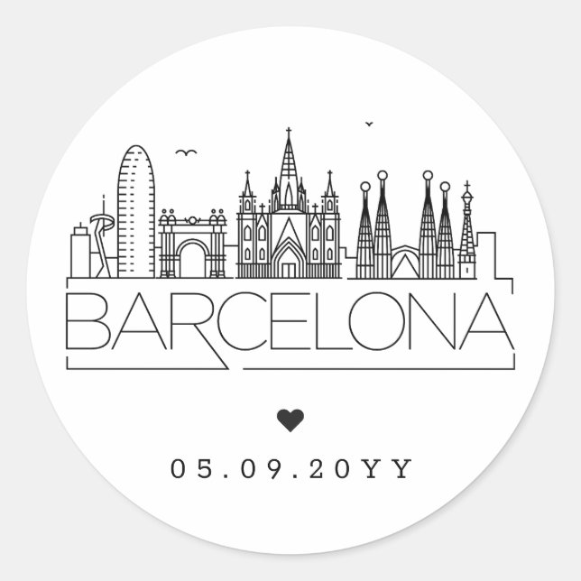 Adesivo Redondo Barcelona Skyline | Data de casamento (Frente)