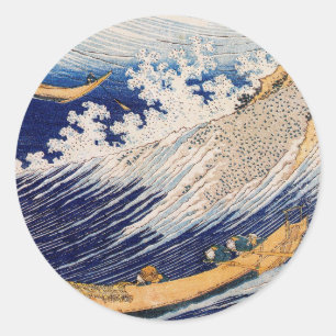 Adesivo Redondo Barcos de Pesca do Oceano Hokusai Ondas