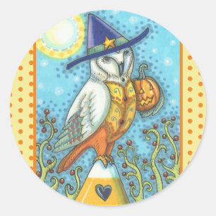 Adesivo Redondo BARN OWL FOLK ART, HALLOWETH BIRD STICKERS Round