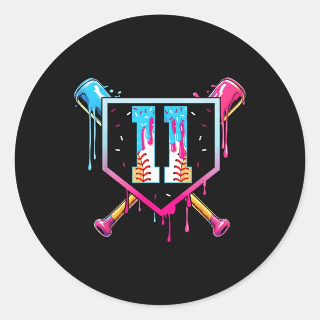 Adesivo Redondo Baseball 11 Year Old Ice Cream Drip 11th Birthday  (Frente)