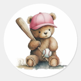 Adesivo Redondo Baseball Teddy Bear Pink Cap Girl Baby Shower