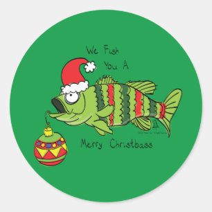 Adesivo Redondo Bass de Natal Engraçado Pesca Peixe Cartografia Bo