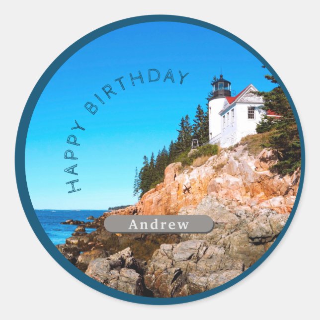 Adesivo Redondo Bass Harbour Lighthouse Birthday Acadia NP (Frente)
