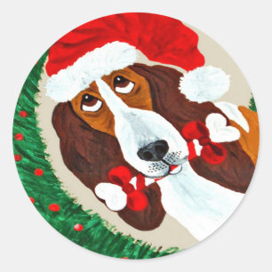 Adesivo Redondo Basset Hound Christmas Wreath