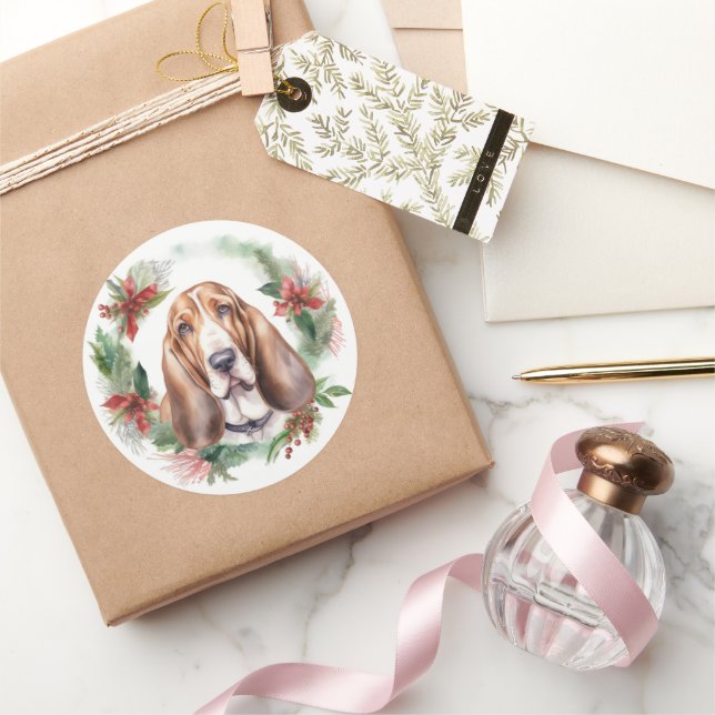 Adesivo Redondo Basset Hound Christmas Wreath Festivo Pup (Presentear)