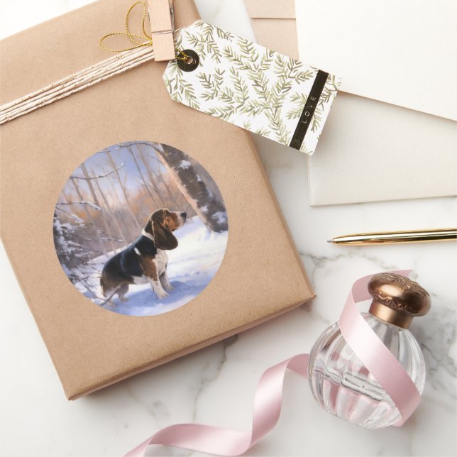 Adesivo Redondo Basset Hound Deixe-O Neve Natal (Presentear)