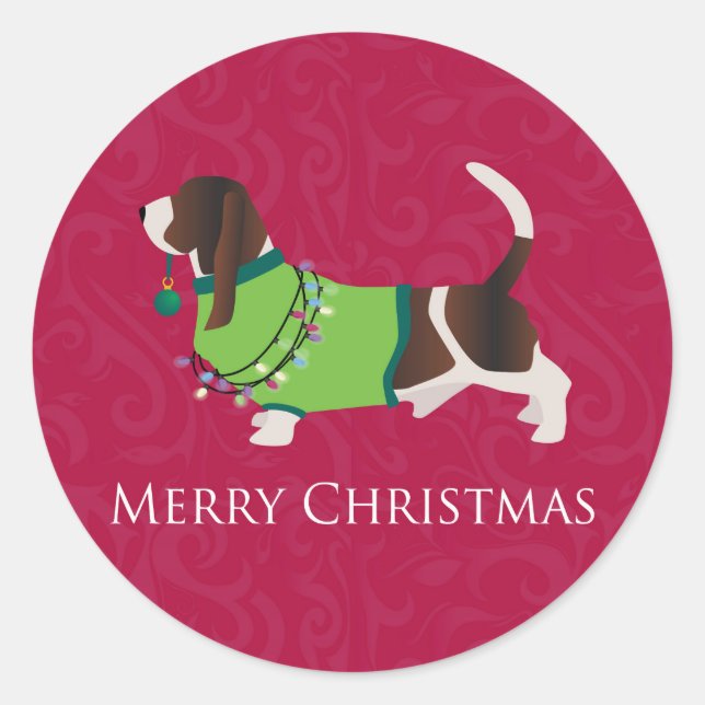 Adesivo Redondo Basset Hound Felry Design de Natal (Frente)