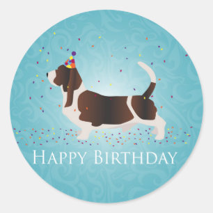 Adesivo Redondo Basset Hound Happy Birthday Design