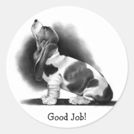 Adesivo Redondo BASSET HOUND STICKER: Bom Trabalho! ARTE DO LÁPIS