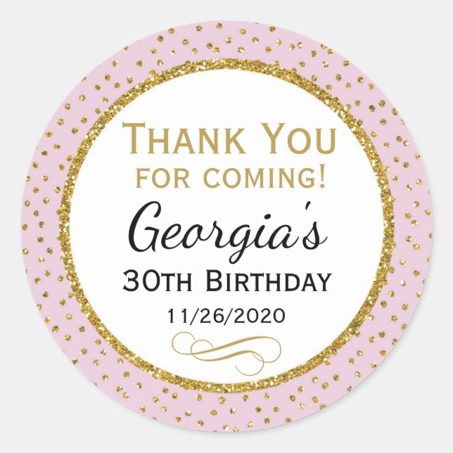Adesivo Redondo Bastões De Aniversário Rosa Dourado Obrigado Etiqu (Frente)