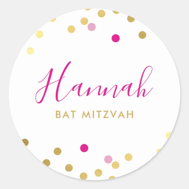Adesivo Redondo BAT MITZVAH bonito glam confetti spot dourado rosa (Frente)