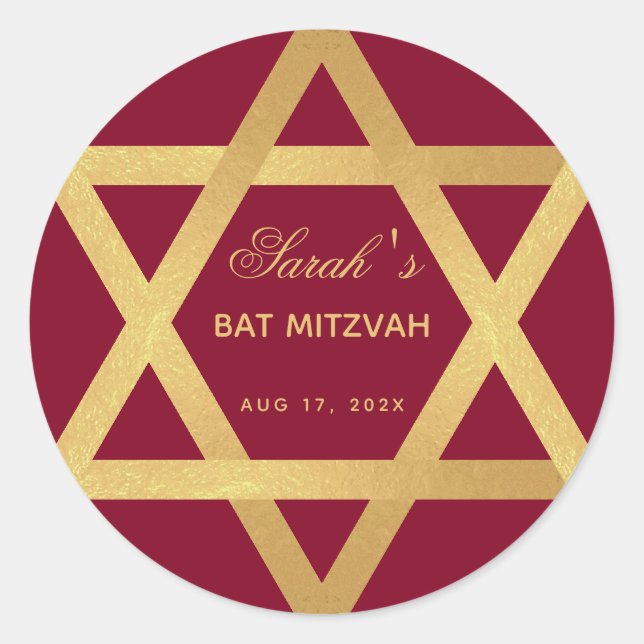 Adesivo Redondo Bat Mitzvah Burgundy Faux Gold Foil Star de David (Frente)