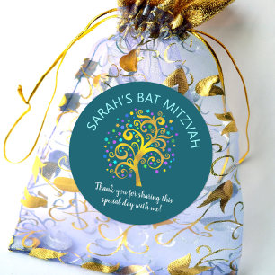 Adesivo Redondo Bat Mitzvah Chic Gold Tree of Life, Azul Teal