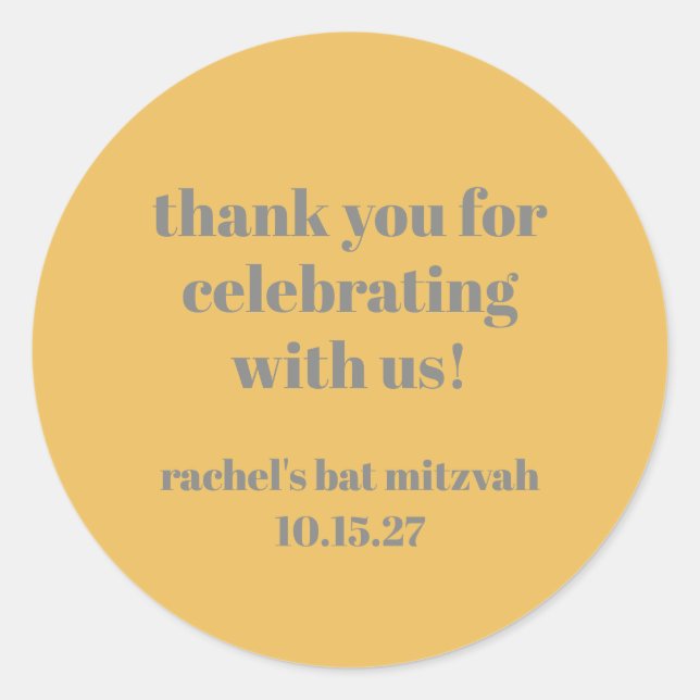Adesivo Redondo Bat Mitzvah, Cinza Amarelo Frio Personalizado Obri (Frente)