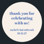 Adesivo Redondo Bat Mitzvah, Cuja Bata Costura Azul De Marinha Bol<br><div class="desc">Tipografia Negrito Vazio Azul Fora Personalizada Bat Mitzvah Obrigado Clássico Vinheta Redonda</div>