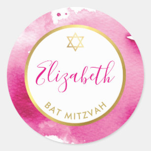 Adesivo Redondo BAT MITZVAH - estrela do ouro - cor-de-água rosa-e