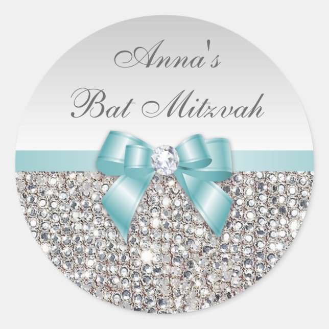 Adesivo Redondo Bat Mitzvah Faux Silver Sequins Teal Arco Diamond (Frente)