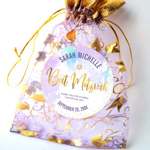 Adesivo Redondo Bat Mitzvah Gold Foil Script em Aquarela Pura