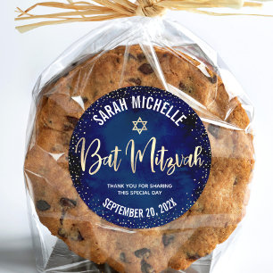 Adesivo Redondo Bat Mitzvah Moderno Azul Marinho Dourado Brilho Sc