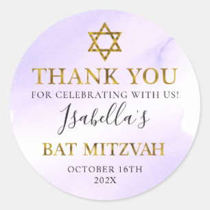 Adesivo Redondo Bat Mitzvah Pastel Purple Dourado Obrigado