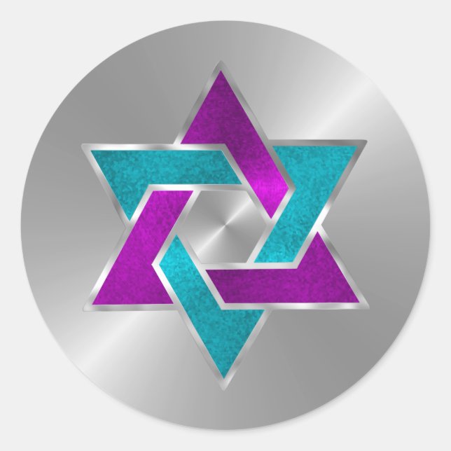 Adesivo Redondo Bat Mitzvah Purple Turquoise Star David Silver (Frente)