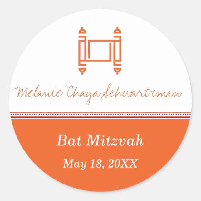 Adesivo Redondo Bat Mitzvah Torah Orange Sticker (Frente)
