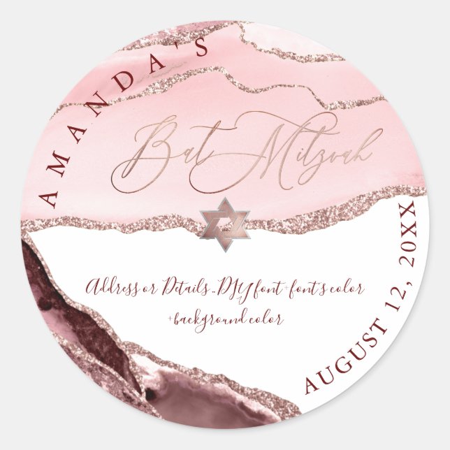 Adesivo Redondo Bat Mitzvah, Watercolor Blush Burgundy Agate (Frente)