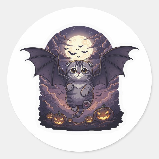 Adesivo Redondo Bat Wing Fold - Scottish Fold Bat Cat Halloween (Frente)